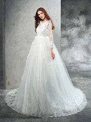 Ball Gown Sheer Neck Hand-Made Flower Long Sleeves Long Net Wedding Dresses With Flowers