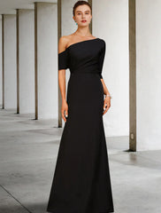 A-Line Mother of the Bride Dress Vintage Elegant One Shoulder Floor Length Charmeuse 3/4 Length Sleeve with Ruffles Side-Draped