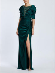 A-Line Evening Gown Elegant Dress Formal Black Dress Plus Size Christmas Floor Length Half Sleeve Scoop Neck Satin with Ruched Sequin Slit