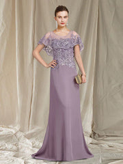 DingjiSheath / Column Mother of the Bride Dress Elegant Jewel Neck Sweep / Brush Train Chiffon Lace Sleeveless with Ruffles Appliques