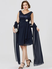 Aimishang A-Line Mother of the Bride Dress Classic & Timeless Plus Size Wrap Included V Neck Knee Length Chiffon Lace Sleeveless yes with Ruched Crystal Brooch