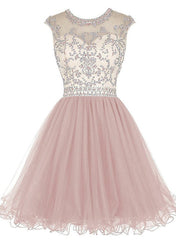 Cute Tulle Short Beaded Formal Dress 2019, Lovely Party Dresses