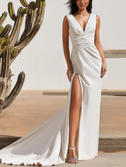 Beach Formal Wedding Dresses A-Line V Neck Short Sleeve Sweep / Brush Train Stretch Fabric Bridal Gowns With Ruched Split Front