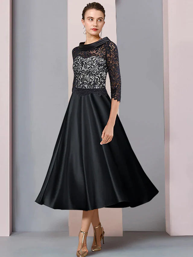 A-Line Mother of the Bride Dress Formal Wedding Guest Party Elegant Bateau Neck Tea Length Satin Lace Half Sleeve with Pleats Appliques
