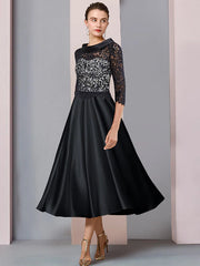 A-Line Mother of the Bride Dress Formal Wedding Guest Party Elegant Bateau Neck Tea Length Satin Lace Half Sleeve with Pleats