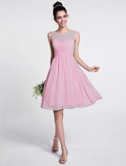 A-Line Bridesmaid Dress Scoop Neck Sleeveless Knee Length Chiffon with Ruched / Draping