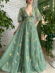 A-Line Prom Dresses Elegant Dress Wedding Guest Wedding Party Floor Length Short Sleeve V Neck Lace with Appliques Strappy