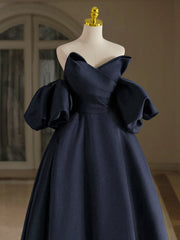 A-Line V Neck Satin Dark Blue Long Prom Dress, Dark Blue Long Formal Dress