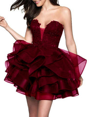 A-Line Cocktail Dresses Minimalist Dress Homecoming Party Wear Short / Mini Sleeveless Strapless Satin with Appliques Tiered