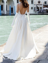 Wholesale Beach Open Back Boho Wedding Dresses A-Line Sweetheart Camisole Spaghetti Strap Sweep / Brush Train Satin Bridal Gowns With Split Front Solid Color