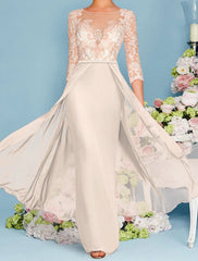 Sheath / Column Mother of the Bride Dress Wedding Guest Elegant Luxurious Scoop Neck Floor Length Chiffon Lace 3/4 Length Sleeve with Beading Appliques