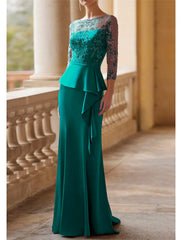 Mermaid/Small Mother of the bride dresses Wedding Guests Elegant Retro Party Illusion Neckline and Floor Length Lace Elastic Fabric 3/4 Long Sleeves Half Sleeve Belt/Ribbon Pleated Beads