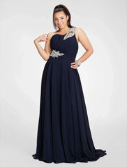 A-Line Cut Out Dress Wedding Guest Prom Sweep / Brush Train Sleeveless One Shoulder Chiffon with Ruched Beading