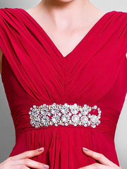 A-Line Mother of the Bride Dress Open Back V Neck Floor Length Chiffon Sleeveless with Beading Side