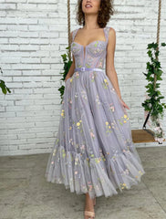 A-Line Prom Dresses Floral Dress Formal Evening Birthday Floor Length Short Sleeve Square Neck Fall Wedding Guest Lace with Pleats Appliques
