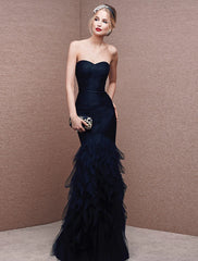 Mermaid Party Dress Sexy Formal Evening Dress Strapless Sleeveless Floor Length Tulle with Ruched