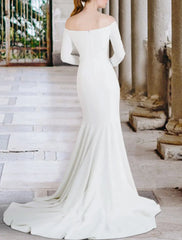 Hall Simple Wedding Dresses Mermaid / Trumpet Off Shoulder Long Sleeve Court Train Stretch Fabric Bridal Gowns With Solid Color
