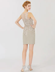Sheath / Column Mother of the Bride Dress Formal Classic & Timeless Elegant & Luxurious Convertible Dress Illusion Neck Knee Length Chiffon All Over Lace Long Sleeve with Appliques