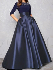 Aimishang Ball Gown Evening Gown Minimalist Dress Quinceanera Formal Evening Floor Length Half Sleeve Illusion Neck Fall Wedding Guest Satin with Pleats Lace Insert