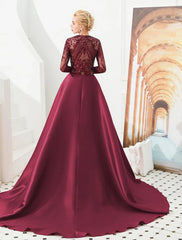 Mermaid Party Dress Evening Gown Luxurious Dress Carnival Wedding Guest Court Train Long Sleeve Jewel Neck Detachable Satin with Sequin Overskirt Pattern / Print