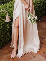 Sheath / Column Bridesmaid Dress One Shoulder Sleeveless Elegant Floor Length Charmeuse with Split Front / Solid Color