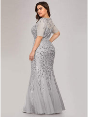 Aimishang Mermaid / Trumpet Empire Elegant Party Wear Formal Evening Dress Jewel Neck Short Sleeve Floor Length Tulle with Embroidery