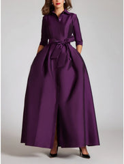 Satin A-Line Evening Gown Champagne Gold Minimalist Black Christmas Red Green Dress Dress Formal Fall Floor Length Half Sleeve Shirt Collar with Bow(s) Pleats 2025