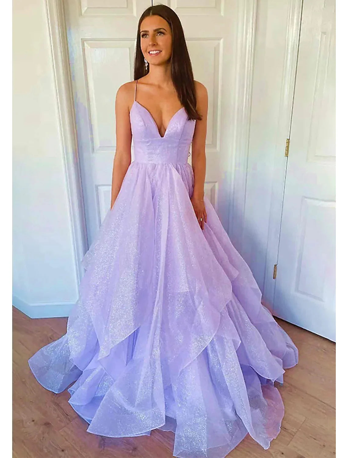 Prom Dresses Glittering Dress Wedding Party Sleeveless Strap Tulle Backless with Sequin Ruffle
