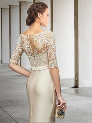Mermaid / Trumpet Mother of the Bride Dress Elegant Jewel Neck Knee Length Satin Lace Half Sleeve with Bow(s)