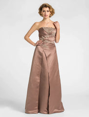A-Line Mother of the Bride Dress Strapless Floor Length Satin Lace Sleeveless with Criss Cross Beading Appliques
