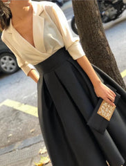 A-Line Evening Gown Elegant Dress Wedding Black Tie Floor Length Long Sleeve V Neck Fall Wedding Guest Satin with Ruched Pocket