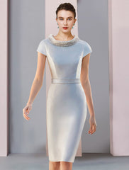Aimishang  Two Piece Mother of the Bride Dress Wedding Guest Party Elegant Scoop Neck Knee Length Satin 3/4 Length Sleeve with Bow(s) Pearls