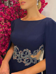 A-Line Evening Gown Elegant Dress Formal Wedding Guest Court Train Sleeveless Jewel Neck Stretch Chiffon with Shawl