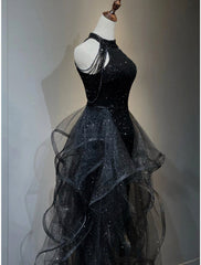 A-Line Prom Dresses Sparkle Shine Dress Wedding Party Sleeveless Sequined with Crystals Sequin Ruffles