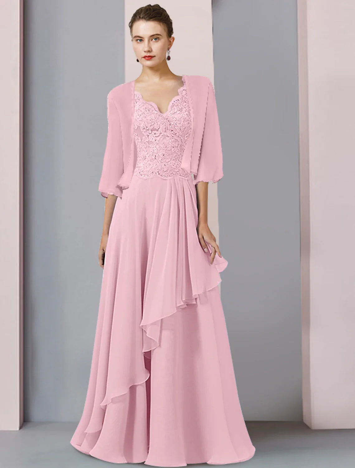 Two Piece A-Line Mother of the Bride Dress Formal Wedding Guest Party Elegant V Neck Floor Length Chiffon Lace Half Sleeve Wrap Included with Beading Sequin Appliques