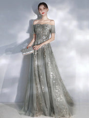 Aimishang A-Line Evening Gown Glittering Dress Engagement Floor Length Short Sleeve Off Shoulder Spandex with Sequin Appliques