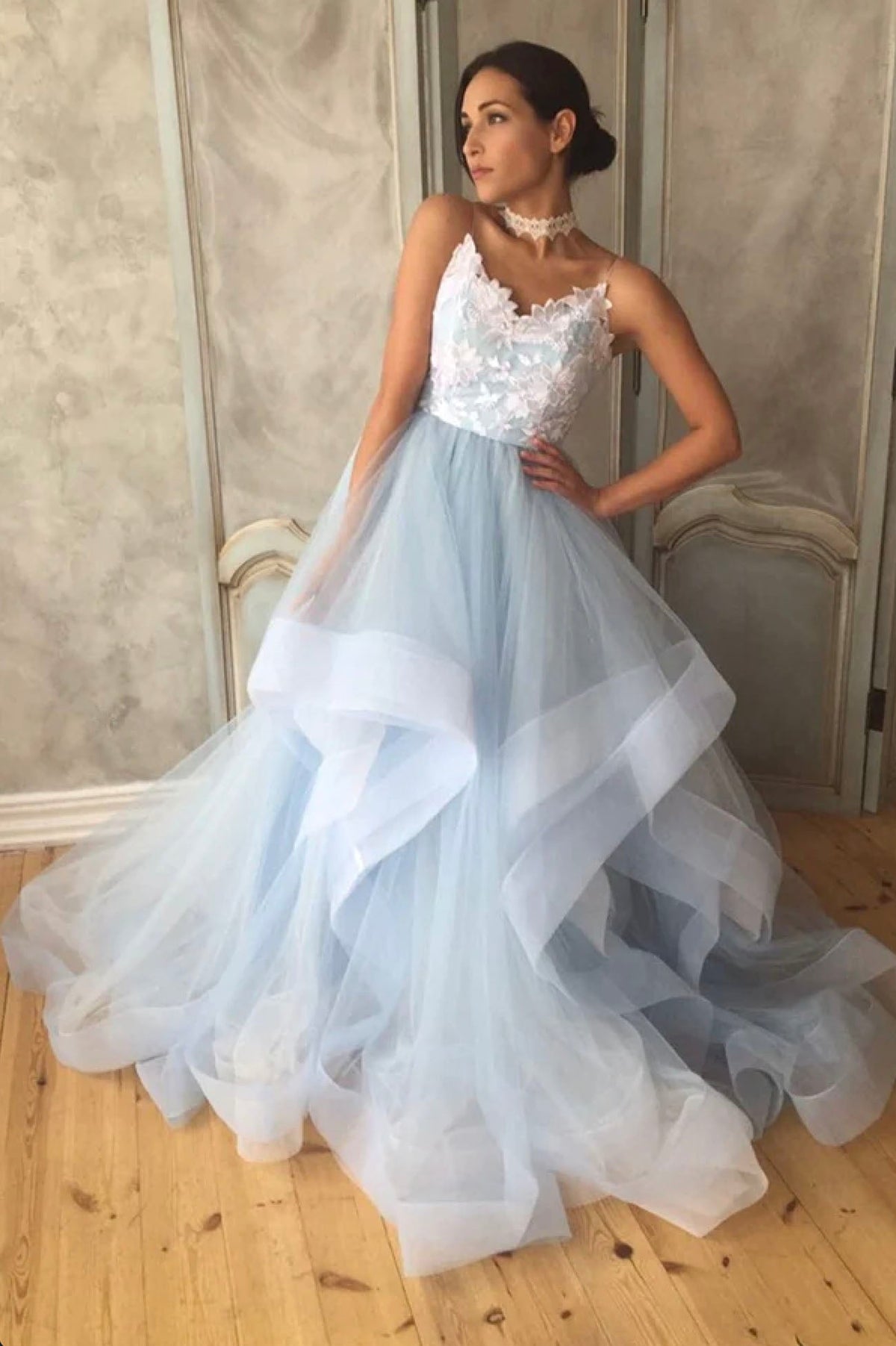Blue Tulle Lace Long Prom Dress, A-Line Backless Evening Dress