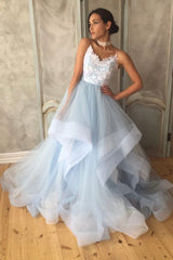 Blue Tulle Lace Long Prom Dress, A-Line Backless Evening Dress