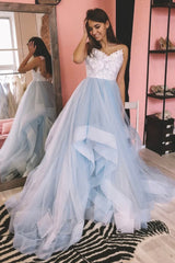 Blue Tulle Lace Long Prom Dress, A-Line Backless Evening Dress