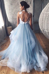 Blue Tulle Lace Long Prom Dress, A-Line Backless Evening Dress
