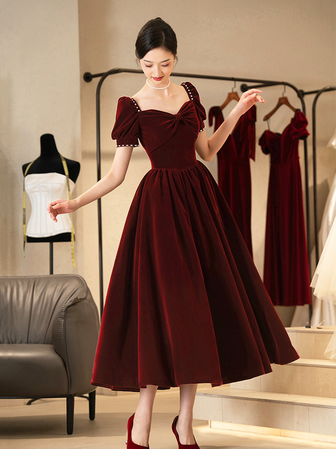 Burgundy Velvet Short Prom Dress, A-Line Short Sleeve Party Dress