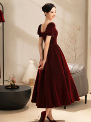 Burgundy Velvet Short Prom Dress, A-Line Short Sleeve Party Dress