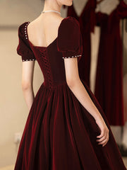 Burgundy Velvet Short Prom Dress, A-Line Short Sleeve Party Dress
