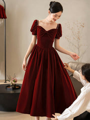 Burgundy Velvet Short Prom Dress, A-Line Short Sleeve Party Dress