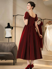 Burgundy Velvet Short Prom Dress, A-Line Short Sleeve Party Dress