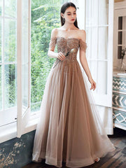 Off Shoulder Tulle Sequins Long Prom Dress, A-Line Formal Dress