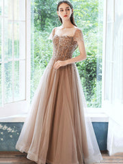 Off Shoulder Tulle Sequins Long Prom Dress, A-Line Formal Dress