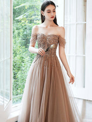 Off Shoulder Tulle Sequins Long Prom Dress, A-Line Formal Dress