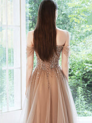 Off Shoulder Tulle Sequins Long Prom Dress, A-Line Formal Dress
