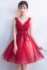 A-Line Tulle Short Prom Dress, V-Neck Lace Mini Party Dress